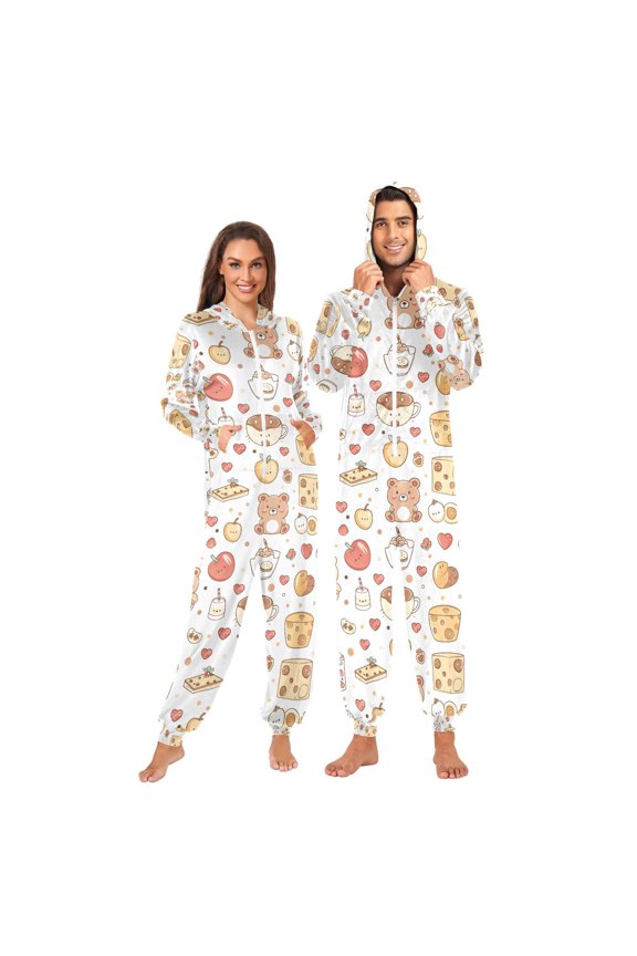 Adult Onesie Bear and Milk Zipper One-Piece Pajamas Unisex with Pockets