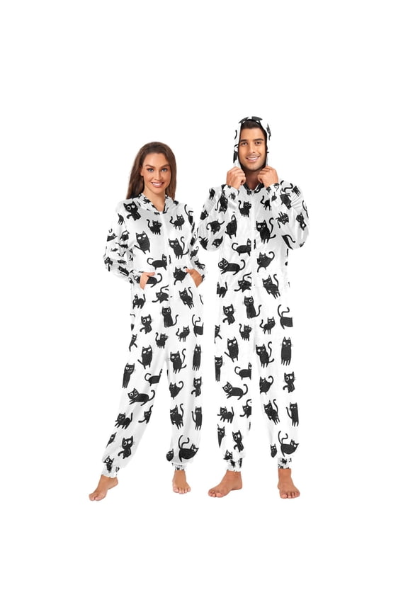 Adult Onesie Black Cat Zipper One-Piece Pajamas Unisex with Pockets