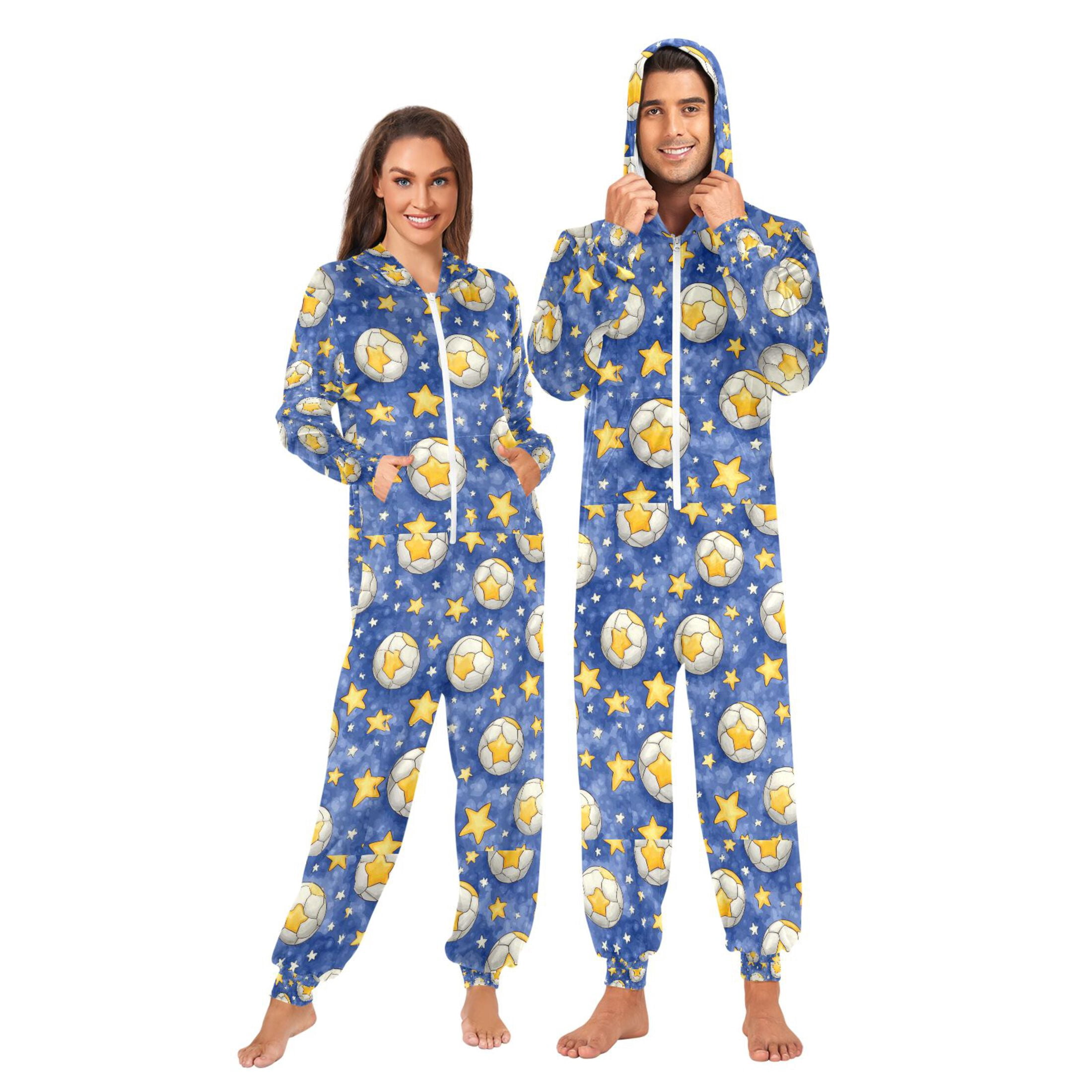 Adult Onesie Blue Football Stars Zipper One-Piece Pajamas Unisex with ...