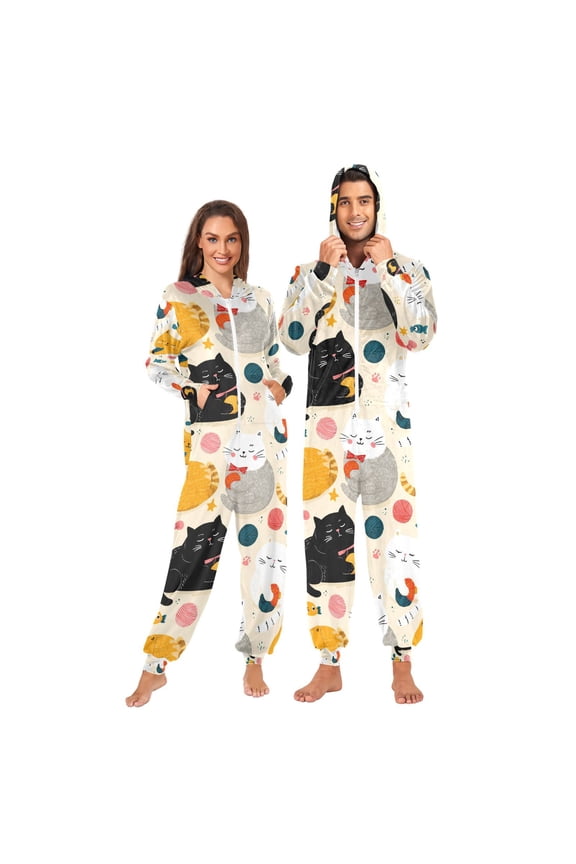 Adult Onesie Bow Tie Cat Zipper One-Piece Pajamas Unisex with Pockets