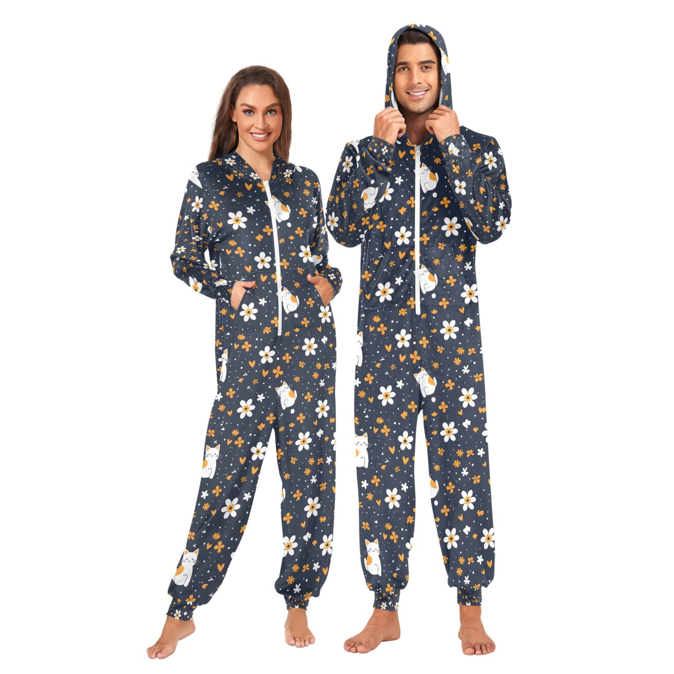 Adult Onesie Cartoon Cat and Flower Zipper One-Piece Pajamas Unisex ...