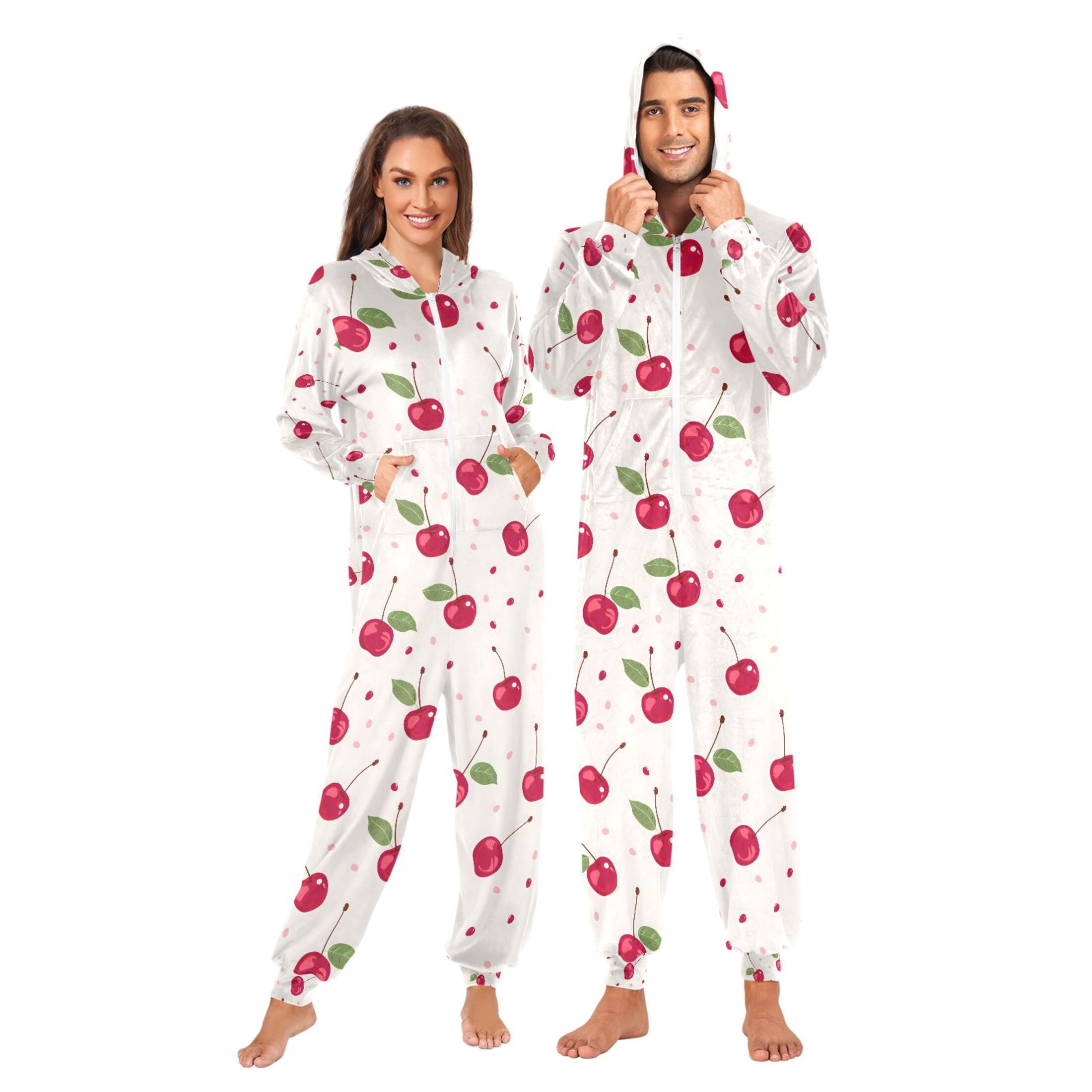 Adult Onesie Cherry Zipper One-Piece Pajamas Unisex with Pockets ...