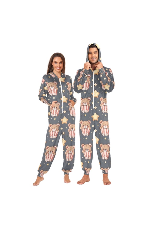 Adult Onesie Cute Bear Zipper One-Piece Pajamas Unisex with Pockets