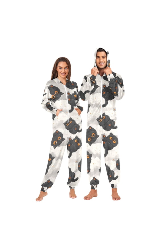 Adult Onesie Cute Little Black Cat Zipper One-Piece Pajamas Unisex with Pockets