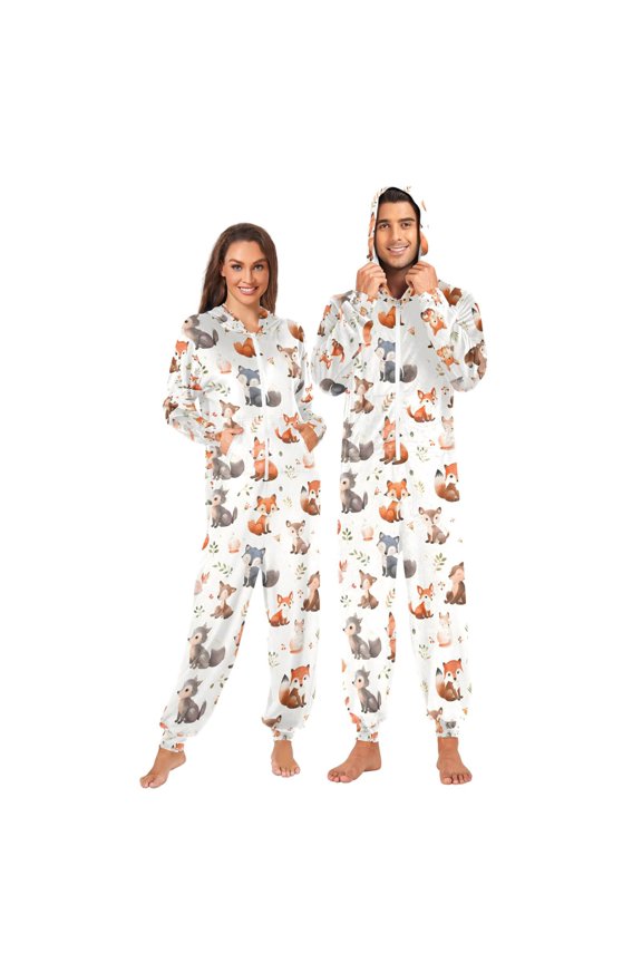 Adult Onesie Foxs Zipper One-Piece Pajamas Unisex with Pockets