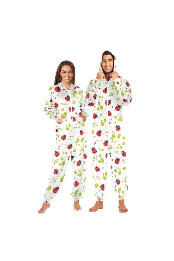 Adult Onesie Grass Ladybug Zipper One-Piece Pajamas Unisex with Pockets