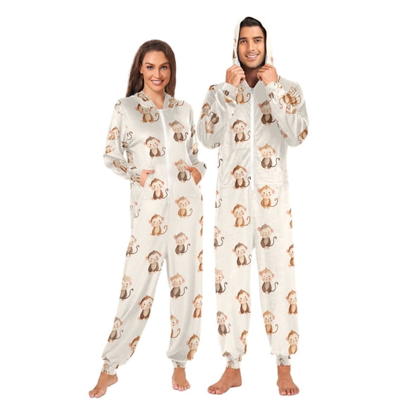 Adult Onesie Monkey Zipper One-Piece Pajamas Unisex with Pockets
