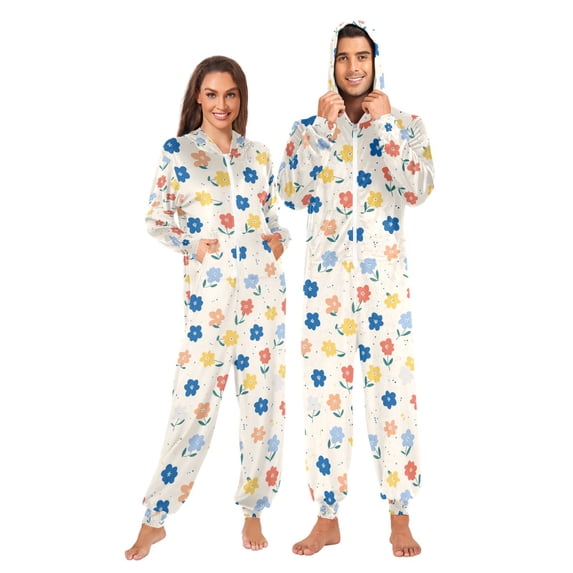 Adult Onesie Painting Flowers Zipper One-Piece Pajamas Unisex with Pockets