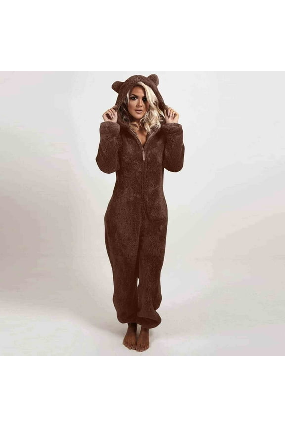 Adult Onesie Pajamas New Women Solid Color Long Sleeve Hooded Jumpsuit Pajamas Casual Winter Warm Romper Sleepwear Style B-3 Coffee L