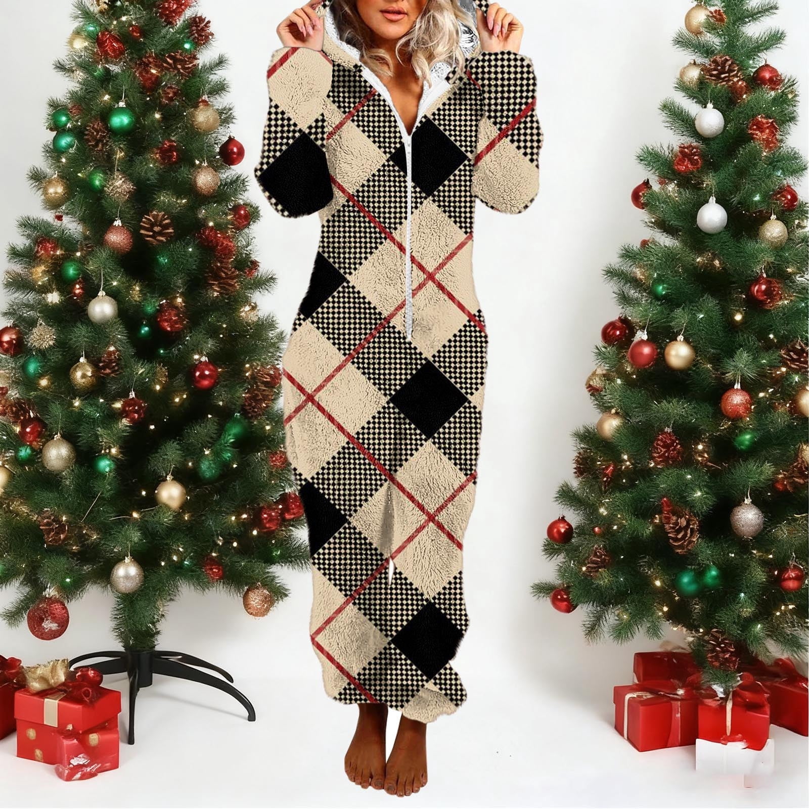 Adult Onesie Pajamas Plus Size New Women Print Long Sleeve Hooded Jumpsuit Pajamas Casual Winter Warm Romper Sleepwear Style B-31 Khaki S