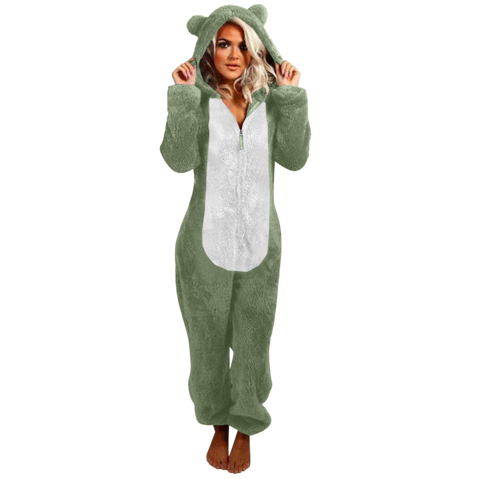 Adult Onesie Pajamas for Women Cat Ears Cute Teddy Fleece Fuzzy Homewear Teens Plus Size Zip Hooded PJs Sleepwear 4X Large Army Green