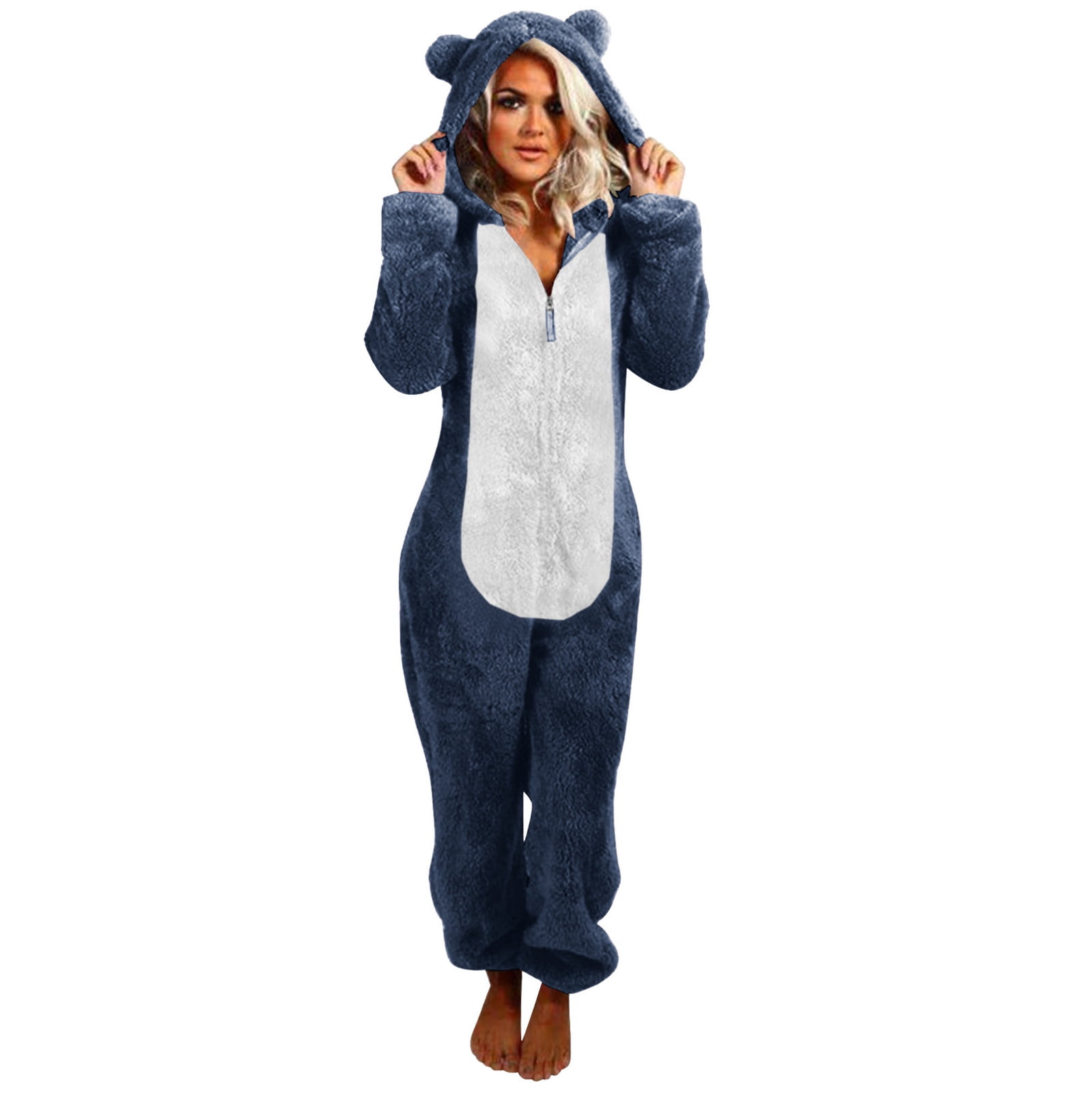Adult Onesie Pajamas for Women Cat Ears Cute Teddy Fleece Fuzzy Homewear Teens Plus Size Zip Hooded PJs Sleepwear 4X Large Navy