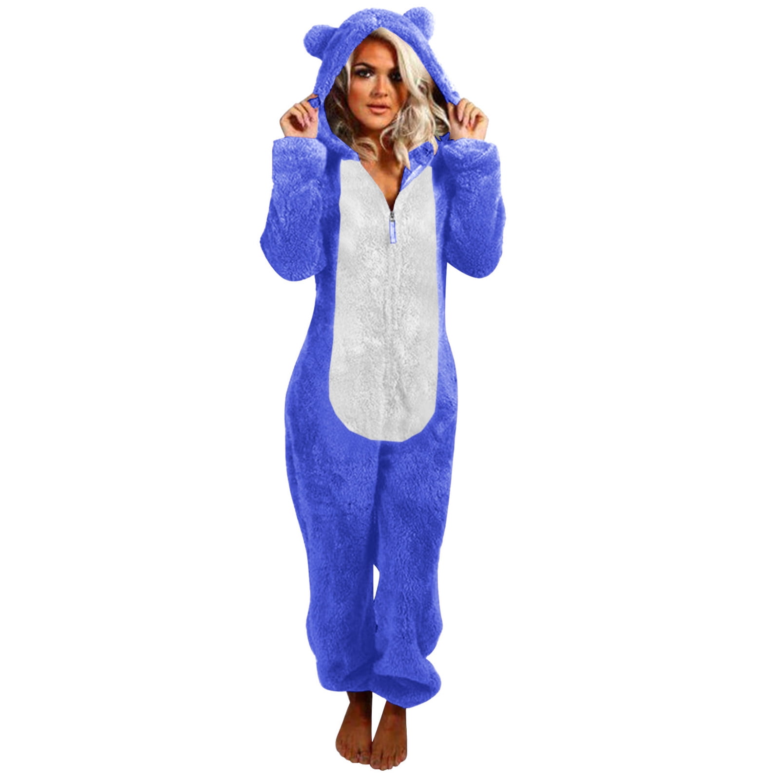 Adult Onesie Pajamas for Women Cat Ears Cute Teddy Fleece Fuzzy Homewear Teens Plus Size Zip Hooded PJs Sleepwear Large Blue