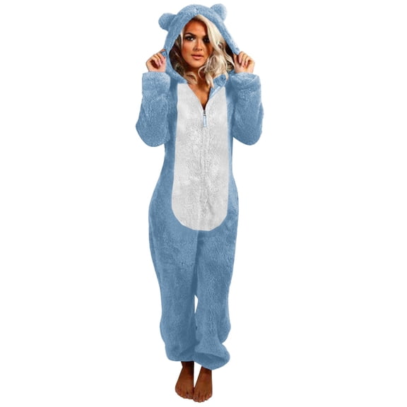 Adult Onesie Pajamas for Women, Cat Ears Cute Teddy Fleece Fuzzy Homewear Teens Plus Size Zip Hooded PJs Sleepwear (X-Large, Sky Blue)