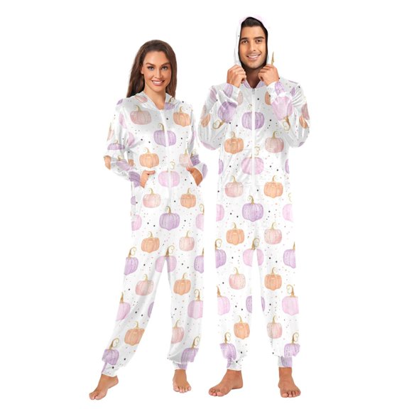 Adult Onesie Pajamas for Women and Men Loose Fit Full-Zip One-Piece Sleepwear with Pockets Pastel Colored Pumpkins Pattern X-Small