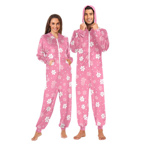 Adult Onesie Pajamas for Women and Men Loose Fit Full-Zip One-Piece Sleepwear with Pockets Pink and White Flowers X-Small