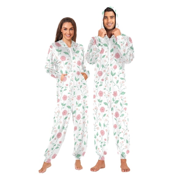 Adult Onesie Pajamas for Women and Men Loose Fit Full-Zip One-Piece Sleepwear with Pockets Spring Flowers and Vines X-Small