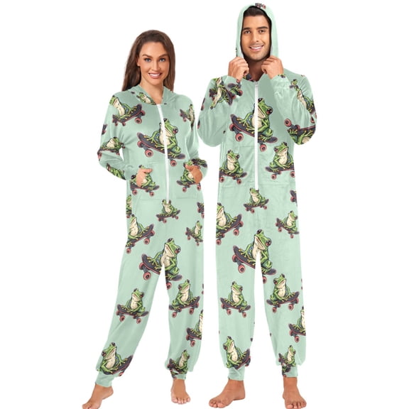Adult Onesie Pajamas with Frogs on Skateboards Print Small