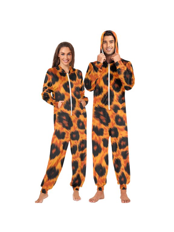 Adult Onesie Pajamas with Orange Leopards Print 2XL