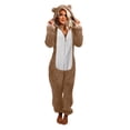 thumbnail image 1 of Adult Onesie Plush Women Pajamas Fashion Zipper Fleece Hooded Rompers Color Block Long Jumpsuits Winter Warm Sleepwear Black, 1 of 6