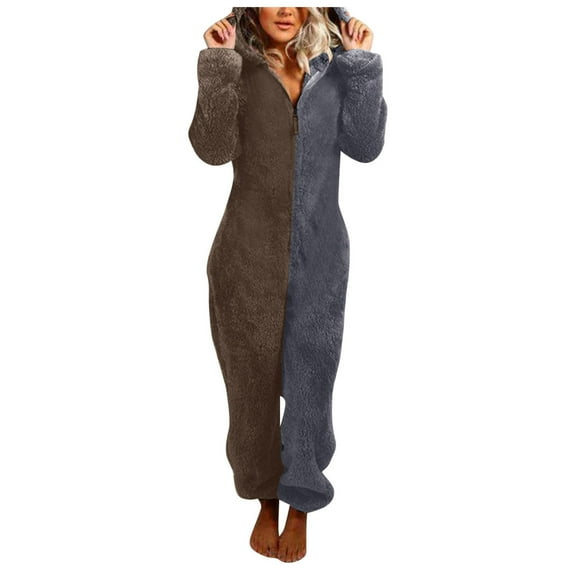 Adult Onesie Plush Women Pajamas Fashion Zipper Fleece Hooded Rompers Color Block Long Jumpsuits Winter Warm Sleepwear Black