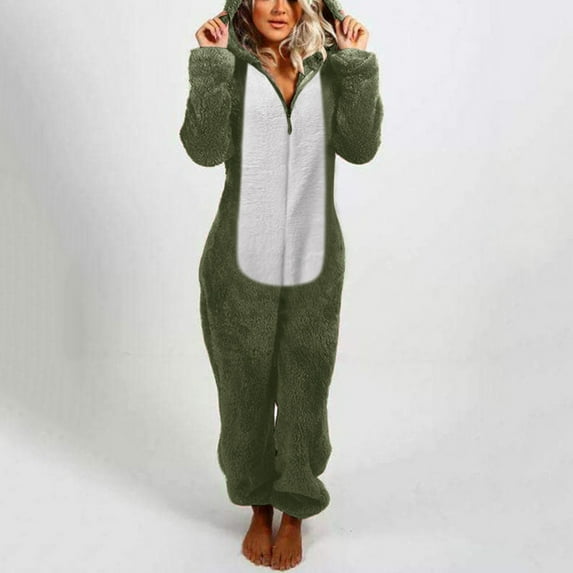 Adult Onesie Plush Women Pajamas Fashion Zipper Fleece Hooded Rompers Color Block Long Jumpsuits Winter Warm Sleepwear