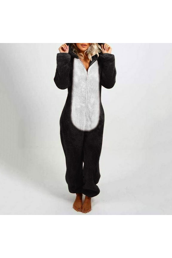 Adult Onesie Plush Women Pajamas Fashion Zipper Fleece Hooded Rompers Color Block Long Jumpsuits Winter Warm Sleepwear