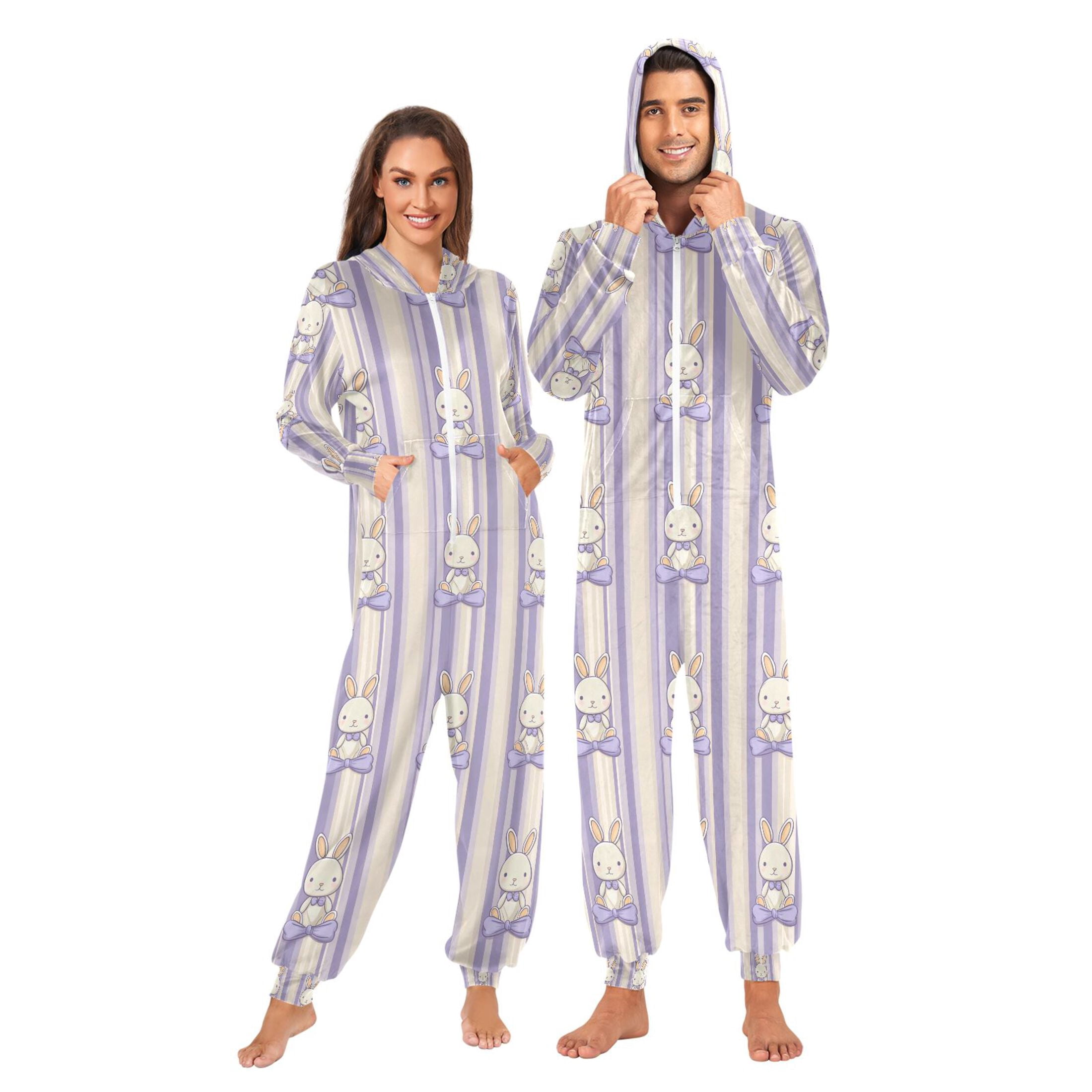 Adult Onesie Rabbit Plaid Zipper One-Piece Pajamas Unisex with Pockets ...
