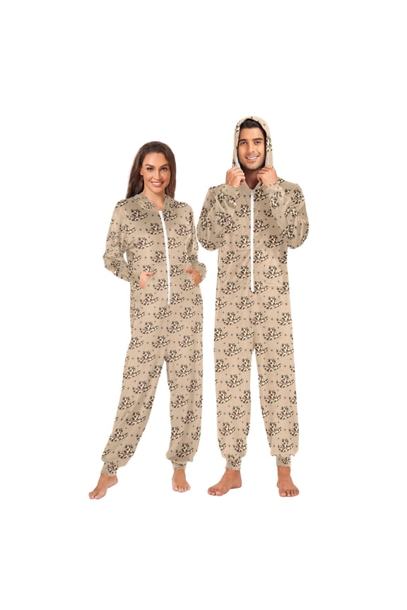 Adult Onesie Retro Cowboy Hats with Cow Print Wild West Zipper One-Piece Pajamas Unisex with Pockets
