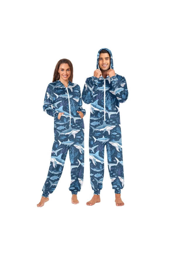 Adult Onesie Sharks Zipper One-Piece Pajamas Unisex with Pockets