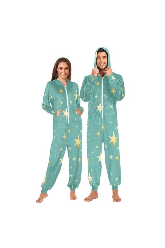 Adult Onesie Stars Zipper One-Piece Pajamas Unisex with Pockets