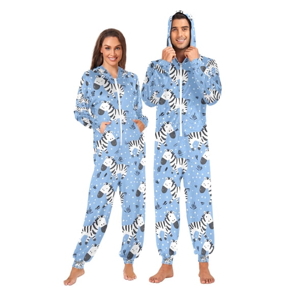 Adult Onesie Zebra and Grass Zipper One-Piece Pajamas Unisex with Pockets