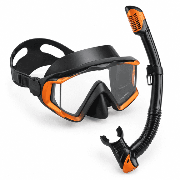 Adult Orange/Black Set Pano 3 Tempered Glass Scuba Diving Mask and Snorkel Gear