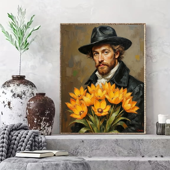 Adult Paint By Number Kits 1 Set Adult DIY Paint by Numbers Kit - Elegant Bearded for Man with Black Hat & Orange Flowers, 15.75x19.69inch Canvas, Acrylic Paints & Brushes Included