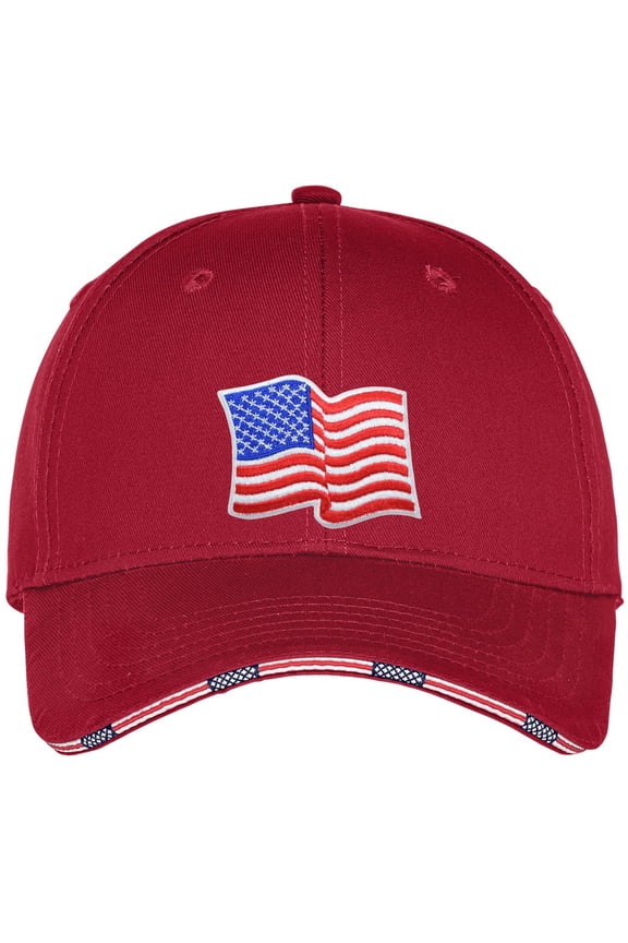 Adult Patriotic Waving US Flag Patch Americana Style Adjustable Cotton Twill Hat Cap - Deep Red