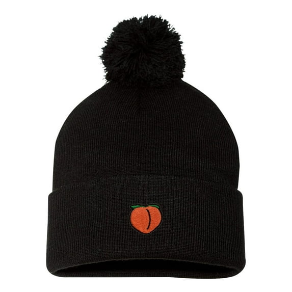 Adult Peach Embroidered Knit Beanie Pom Cap
