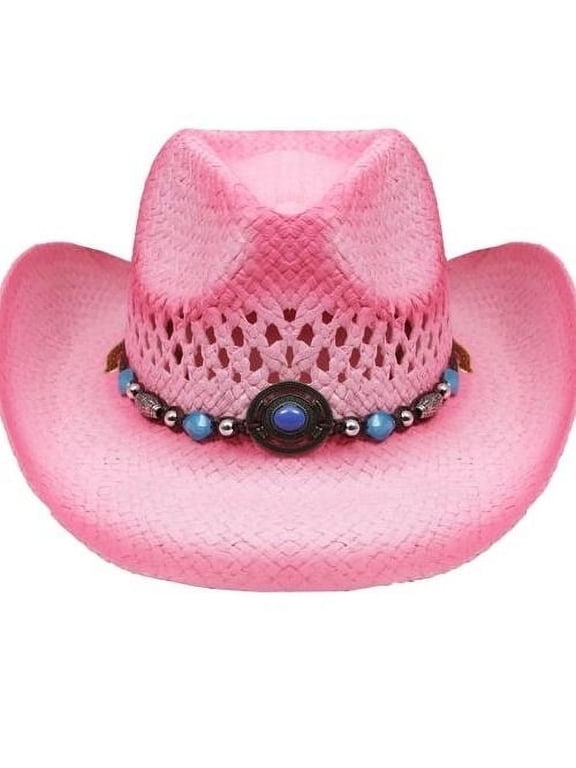 Adult Pink Straw COWBOY HAT w/ Turquoise Blue Beads Shapeable WESTERN Cowgirl - New with box/tags