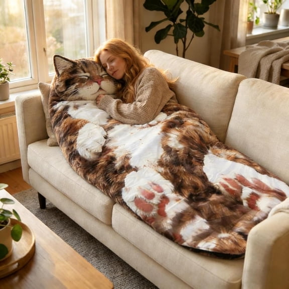 Adult Plush Cat Sleeping Bag – Cat Shaped Envelope Bag with Adorable Paw Print Pattern, Soft Warm Comfort for Daily Relaxation, Stocking Stuffers & Home Use, Washable 68.9x27.6 Inch