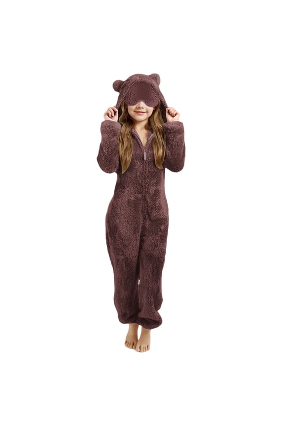 Adult Plush Fleece Animal One Piece Pajamas with Hooded Ears Full Length Zipper Cozy Sleepwear Loungewear Suit