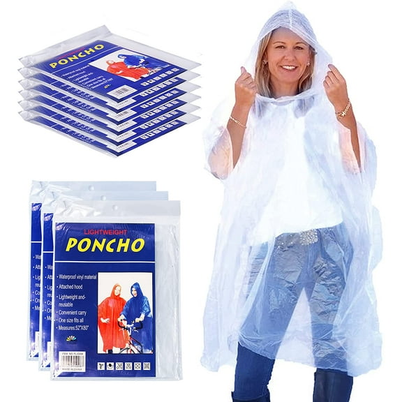 Adult Poncho Raincoat, Emergency Raincoats with Hoods, Disposable Rain Ponchos, Bulk Wholesale (24 Pack Clear)