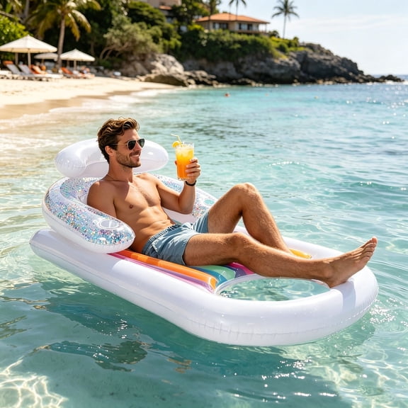 Adult Pool Floating Mat For Relaxing On Water Extra Thick Inflatable Swim Pad With Comfortable Headrest For Swimming Pool Lake Beach Cooler Tube Float Floating Swim Mat Adult Pool Inflatable Ring for