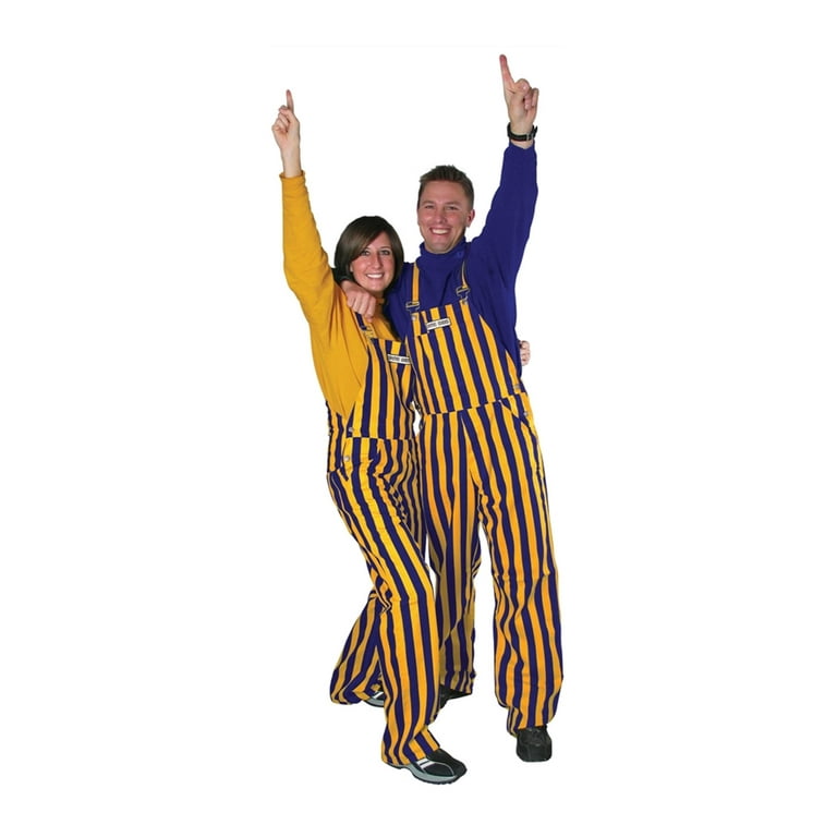Purple and yellow striped overalls on sale