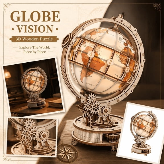 Adult Puzzle Toys, Craft Kit for Adults, Wood Decor, Shelf Decor, 12X8X7 in 3D Stereo Wooden Assembled Globe, Handcraft World Map Earth Model for Vintage Home Decor and Casual