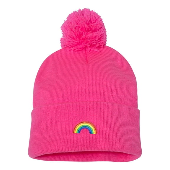 Adult Rainbow Embroidered Knit Beanie Pom Cap