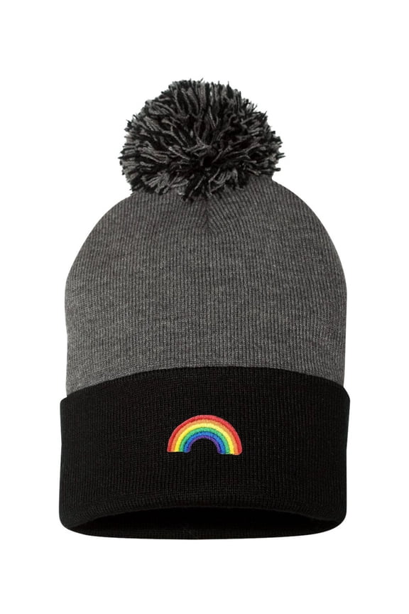 Adult Rainbow Embroidered Knit Beanie Pom Cap