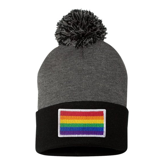 Adult Rainbow Gay & Lesbian Pride Flag Embroidered Knit Beanie Pom Cap