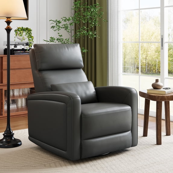 Adult Recliner Chair, 360 Swivel Rocker Sofa with Adjustable Backrest and Footrest, Faux Leather Wingback Armchair with Hidden Pull Tabs for Living Room, Gray