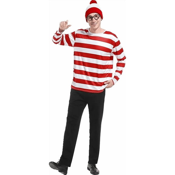 Adult Red and White Striped Shirt Outfit Halloween Cosplay Costume Shirt Hat Glasses