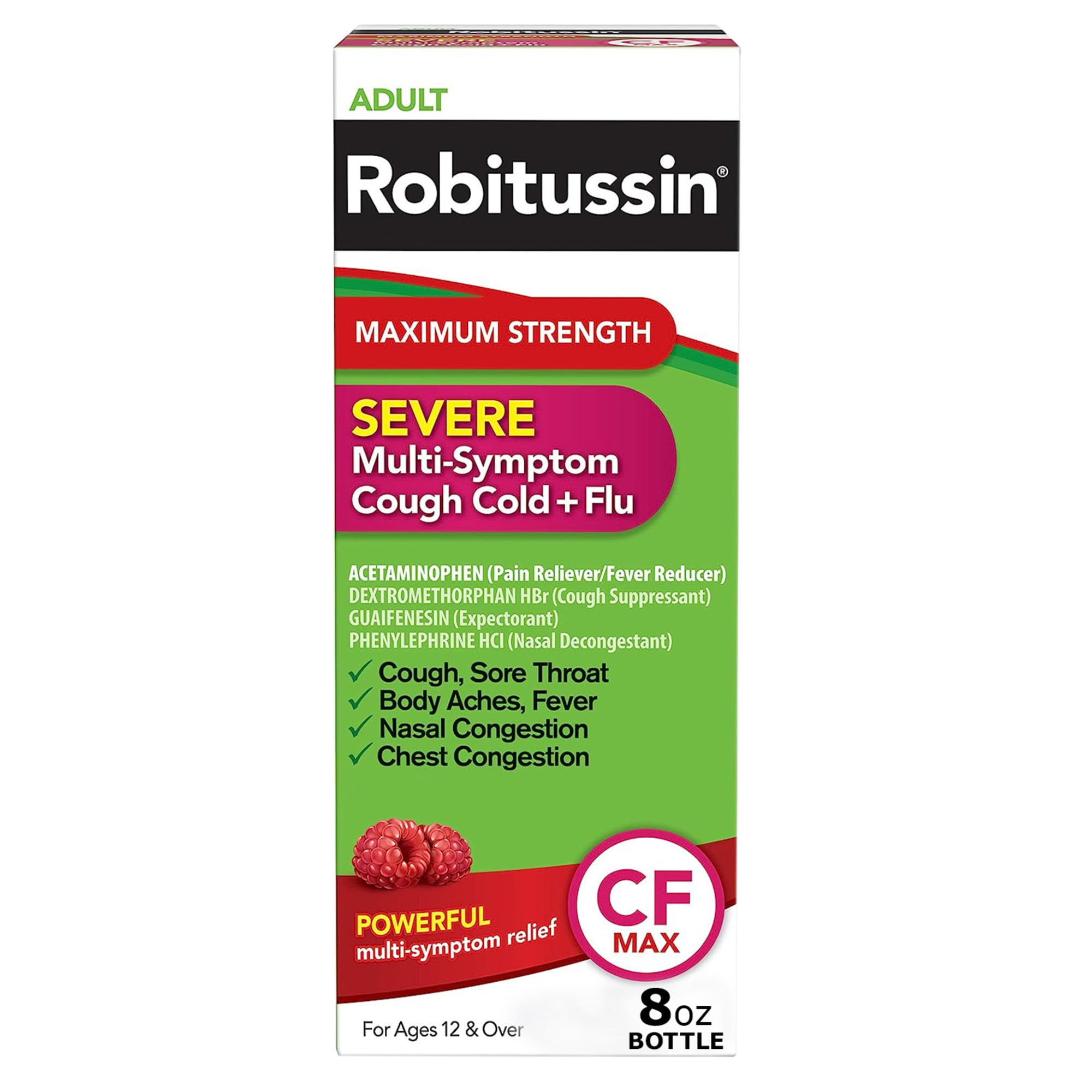 Robitussin Adult CF Max Severe Multi-Symptom Cough, Cold, and Flu Relief Medicine, Raspberry, 8 Fl Oz.