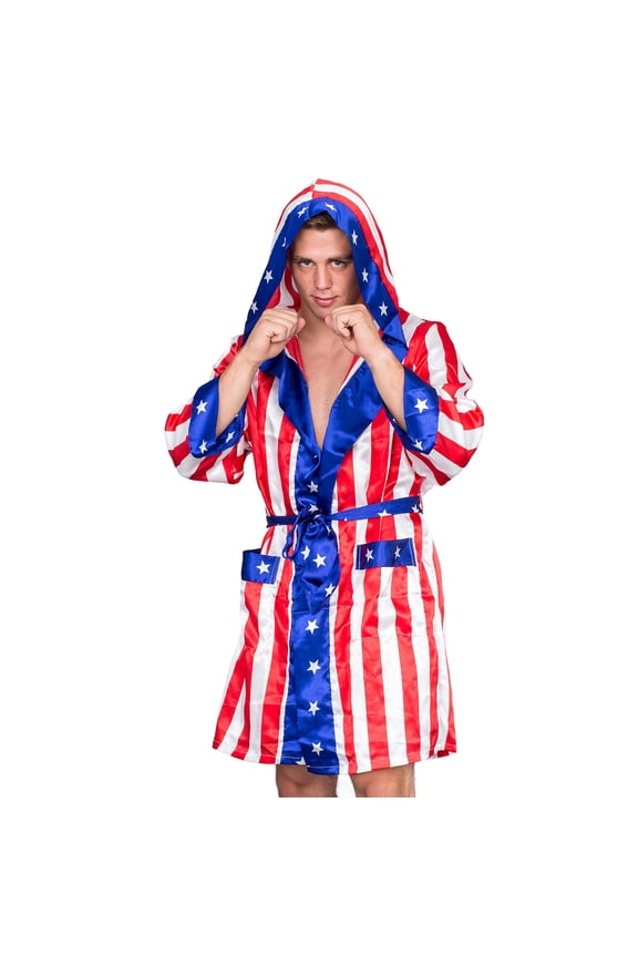 Adult Satin American Flag Halloween Boxing Costume Robe Boxer Cosplay with Hood